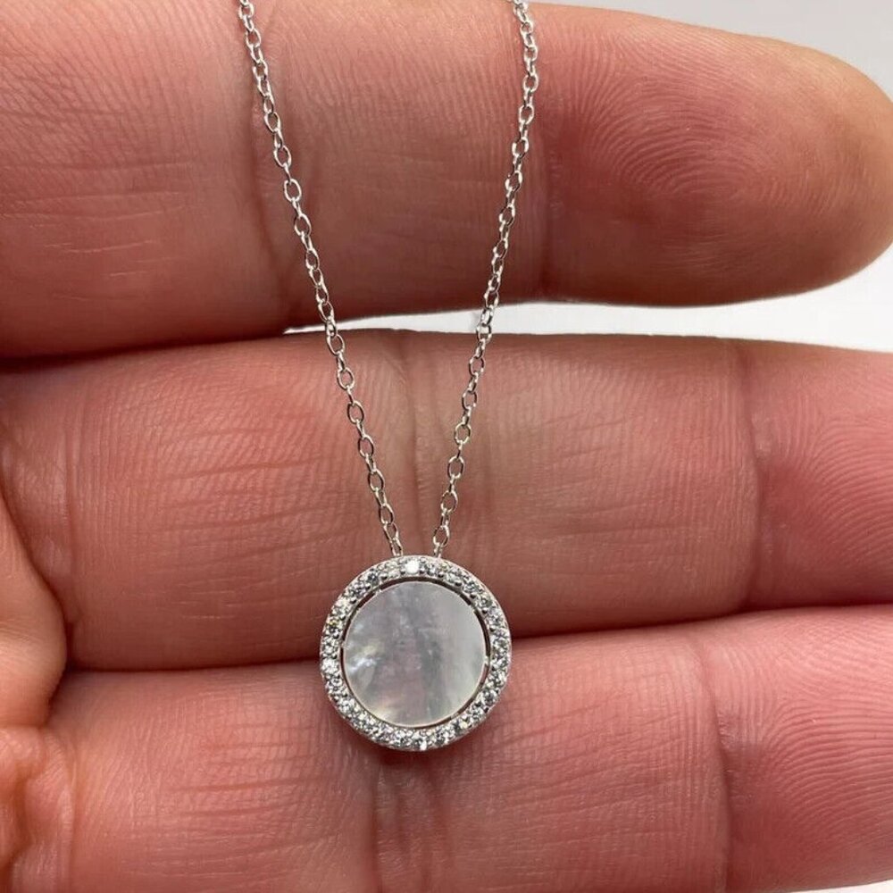 Mother of pearl round pendant necklace lab created diamonds 925 sterling silver